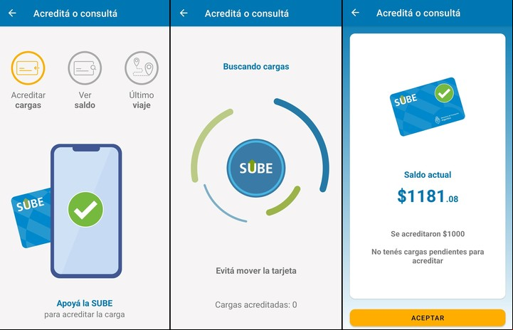 Los pasos para acreditar una carga en la tarjeta SUBE con la nueva app. Imagen: Captura.