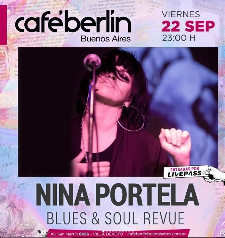 El flyer del próximo recital de Nina Portela, este viernes 22 en Café Berlín.
