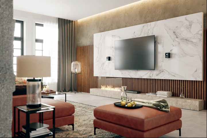 Revestimientos resistentes al agua en tonos pétreos laminados de la nueva colección Fusión Marble de Patagonia Flooring. Foto: Gentileza Patagonia Flooring.