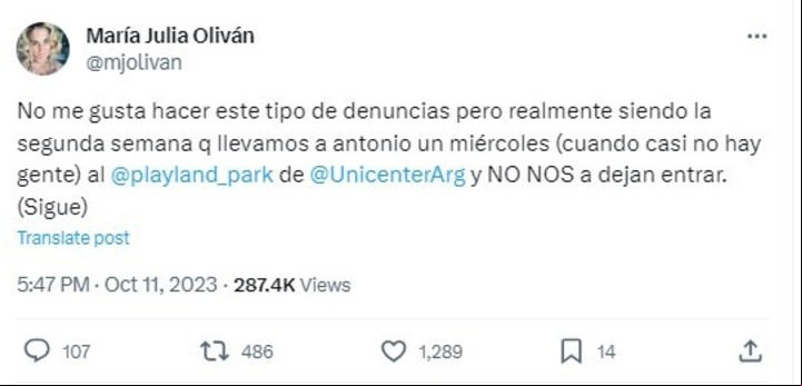 La denuncia de María Julia Oliván en Twitter.
