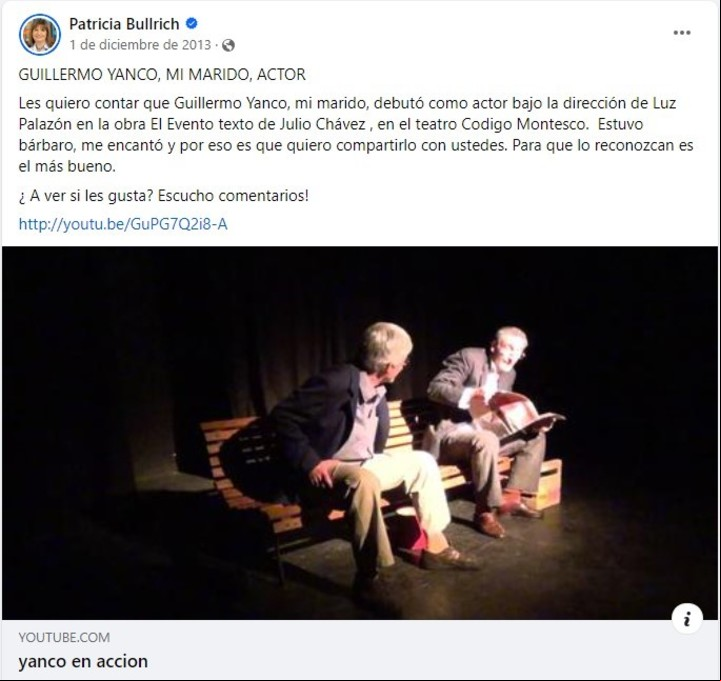 Patricia Bullrich, sobre la obra de teatro que protagonizó su marido. Foto: Facebook.