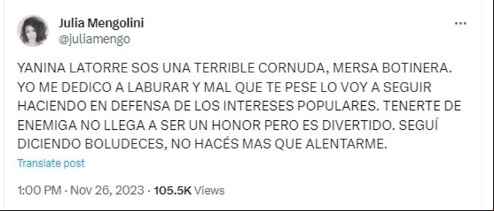 El tuit de Julia Mengolini contra Yanina Latorre.