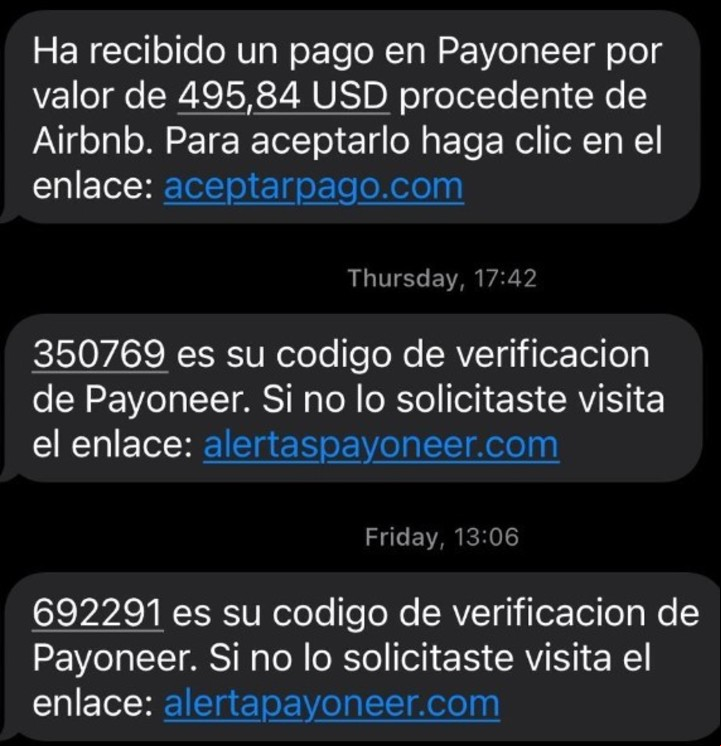 Los mensajes que les llegaron a los s de Payoneer, cuyas cuentas fueron vaciadas. Foto: Captura de pantalla
