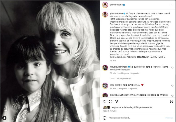 El posteo de Gianinna Maradona dedicado a su mamá Claudia Villafañe. Captura Instagram.