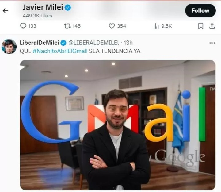 El "me gusta" de Javier Milei a un posteo discriminatorio en las redes sociales contra el gobernador de Chubut, Ignacio Torres.