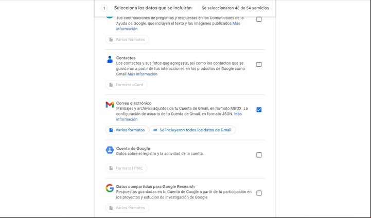 Para descargar correos electrónicos, debés seleccionar el servicio de Gmail.