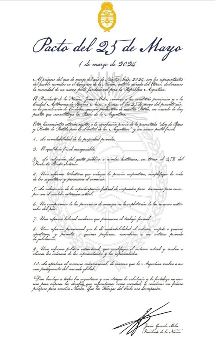 El Pacto del 25 de Mayo que propuso Javier Milei en su discurso ante la Asamblea Legislativa.