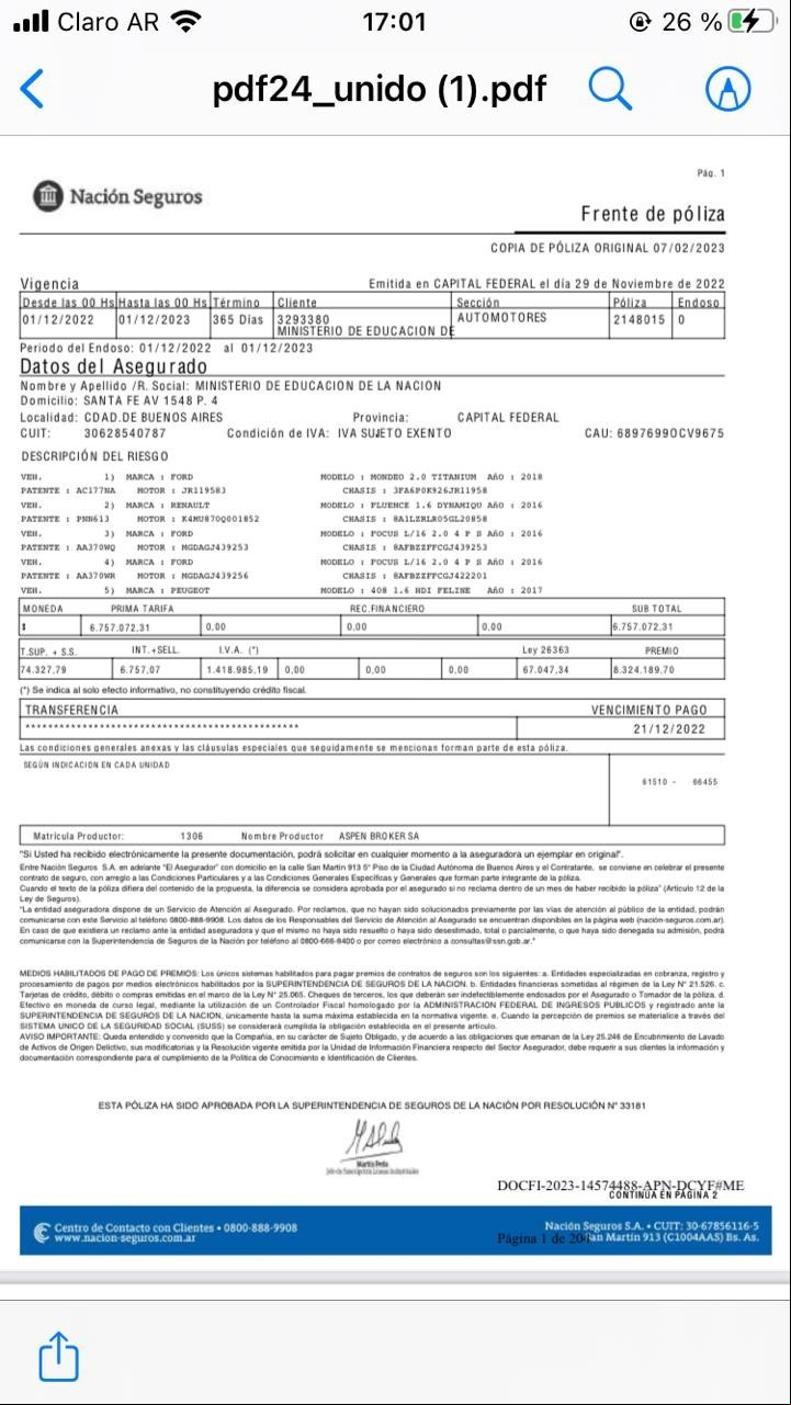 La carátula de una de las pólizas que el ministerio de Educación contrató con Nación Seguros a través de un broker.