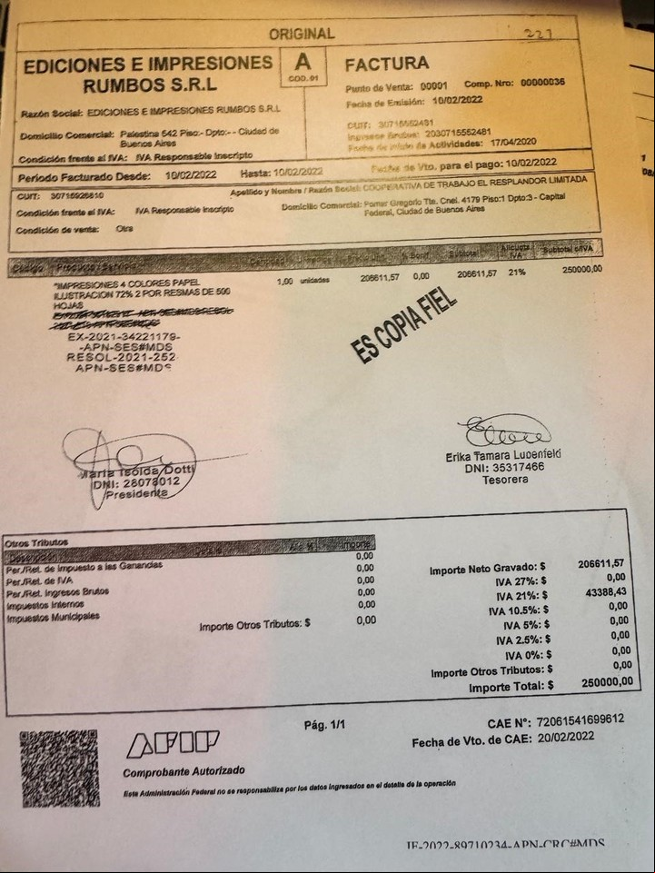 Una tercera factura truchas del Polo Obrero que investiga la Justicia y firmó Belliboni.