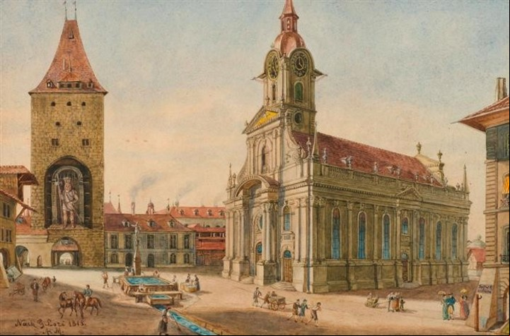Vista de la Iglesia del Espíritu Santo y de la torre C. de Berna- Acuarela de Berna - Christoffel en Berna (25 x 38)