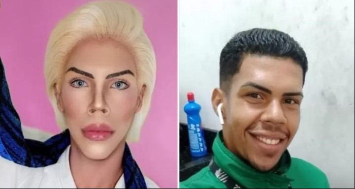 Felipe, en su caracterización de Ken y ahora con su aspecto natural, trabajando en una estación de servicio.