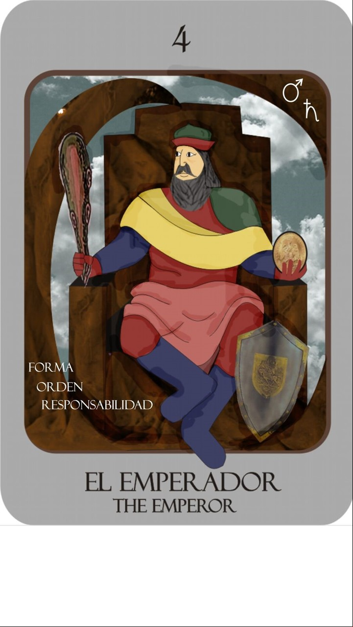 El Emperador: “Destino de potente y creativo constructor”. Del mazo "Nuevo Tarot de Marsella Leveratto", ilustración de Florencia Brizuela y Lucia Brizuela (Ed. Kier).