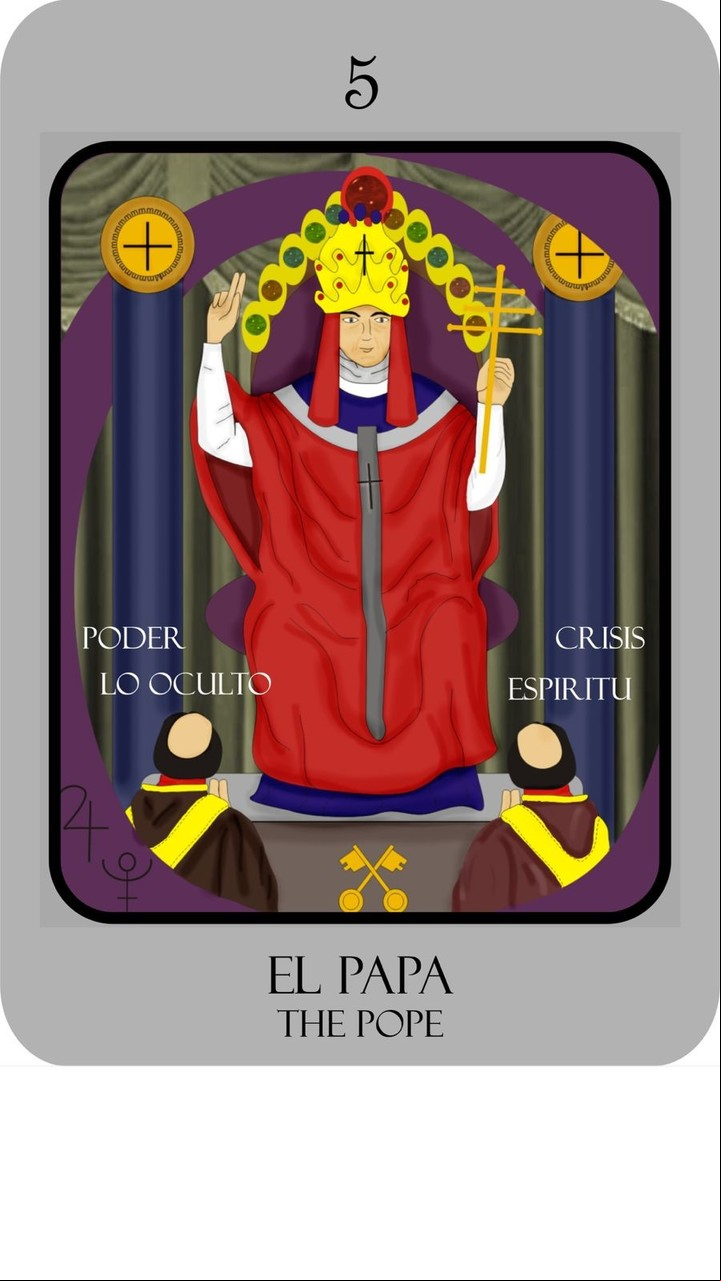 El Papa: “Destino de potente y sanador comunicador de lo negado”. Del mazo "Nuevo Tarot de Marsella Leveratto", ilustración de Florencia Brizuela y Lucia Brizuela (Ed. Kier).