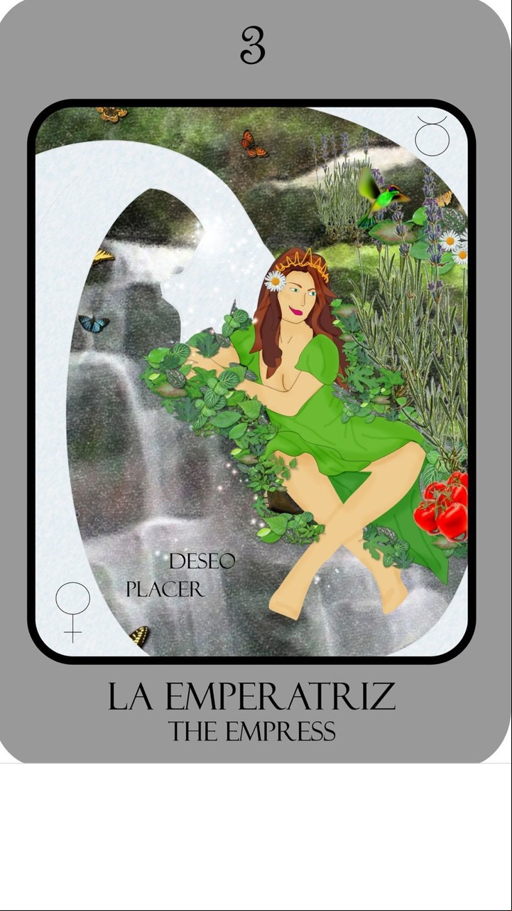 La Emperatriz: “Destino de coraje para generar placentera amorosidad creativa”. Del mazo "Nuevo Tarot de Marsella Leveratto", ilustración de Florencia Brizuela y Lucia Brizuela (Ed. Kier).