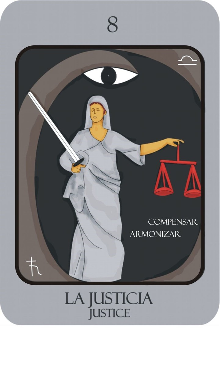 La Justicia: “Destino de conciliador y justiciero”. Del mazo "Nuevo Tarot de Marsella Leveratto", ilustración de Florencia Brizuela y Lucia Brizuela (Ed. Kier).