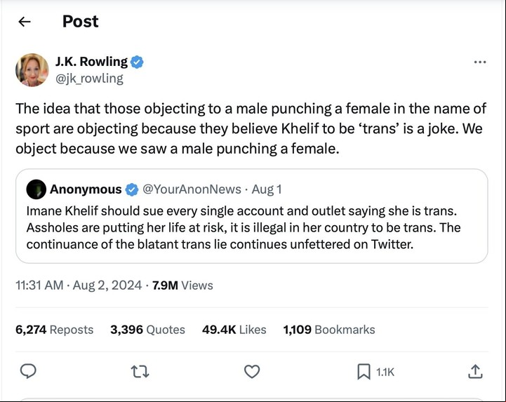 Otro de los mensajes de J.K. Rowling borrados: llama "hombre" a Imane Khelif.