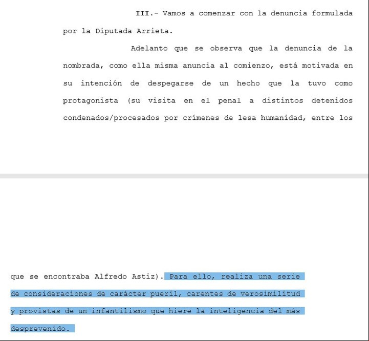 Extractos del dictamen del fiscal Sergio Mola desestimando la denuncia de Lourdes Arrieta sobre la visita a genocidas en Ezeiza.