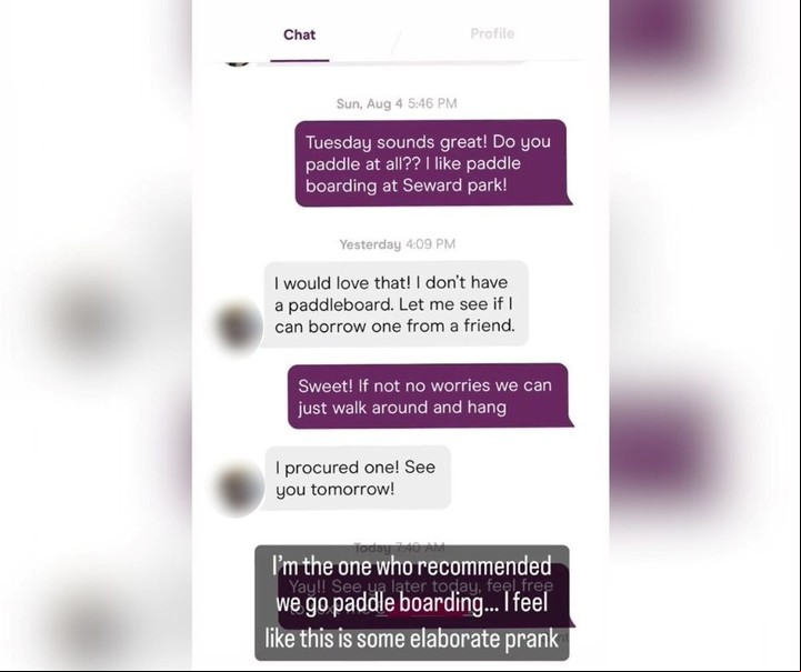Vicki acordó por chat con el hombre que iban a ir al parque y practicar paddle surf. Foto: captura/@earth.to.vicki.