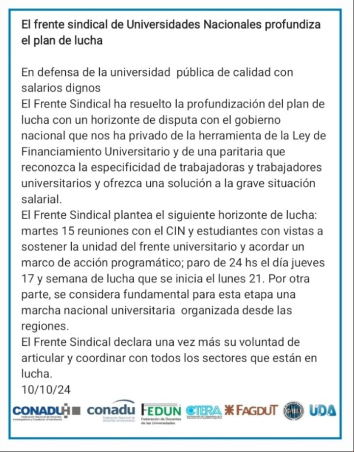 El comunicado del Frente Sindical que convoca a un paro nacional universitario.