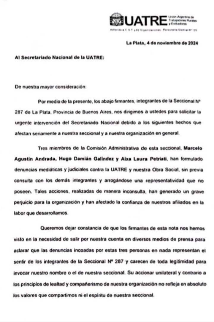 La carta de integrantes de la seccional La Plata desconociendo la denuncia contra Voytenco hecha por su secretario general, Andrada.