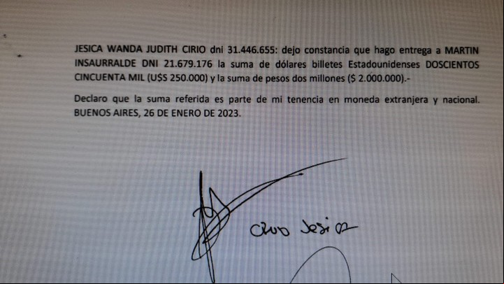 Documento con el préstamo de Jesica Cirio a Martín Insaurralde presentado en la causa.