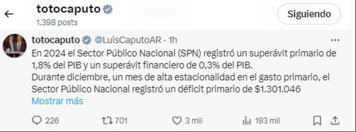 El ministro Luis Caputo festejó el superavit financiero, via X
