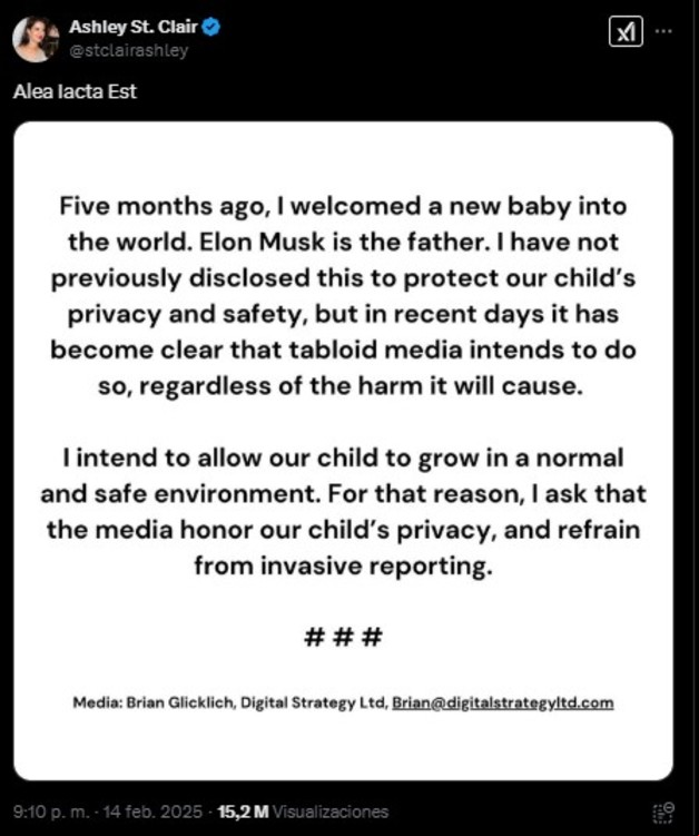 El comunicado con el que St. Clair hizo pública la paternidad de Musk.