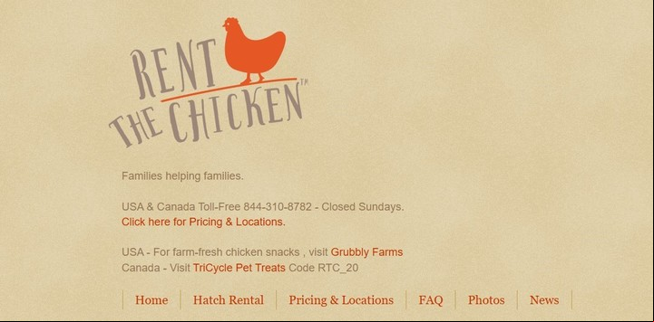 El sitio web de "Rent The Chicken" para alquilar aves de corral en Estados Unidos. Foto: Captura