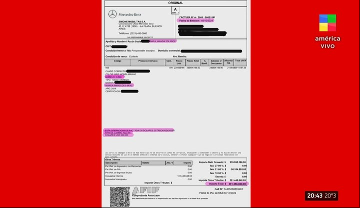 En LAM (América TV) mostraron la factura A emitida de la concesionaria donde Wanda Nara adquirió su camioneta.