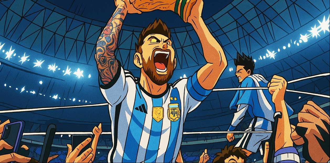 Messi levanta la copa del mundo en un episodio de Dragon Ball: Foto: ChatGPT.