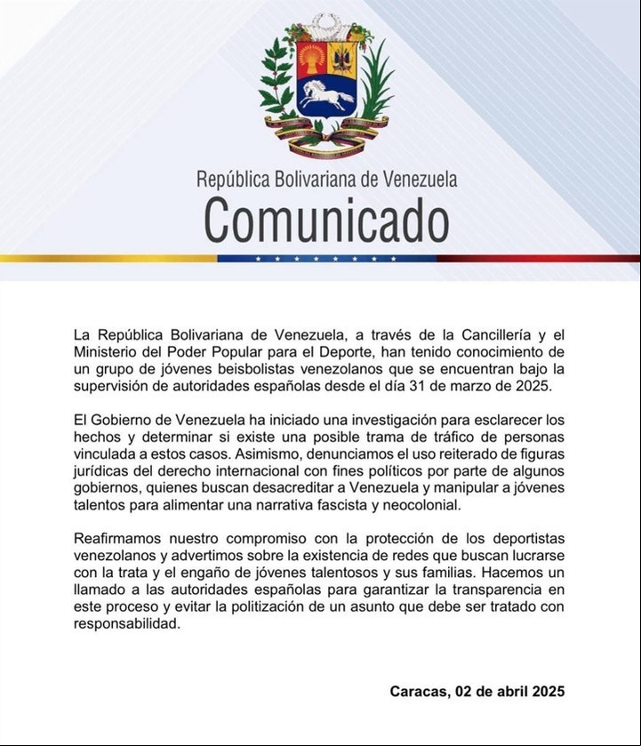 El anuncio del régimen de Maduro sobre el caso de los beisbolistas.