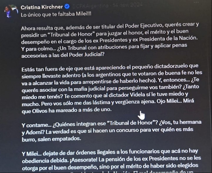 Cristina Kirchner responde en noviembre en X a la decisión de Milei de anular sus jubilaciones de privilegio.