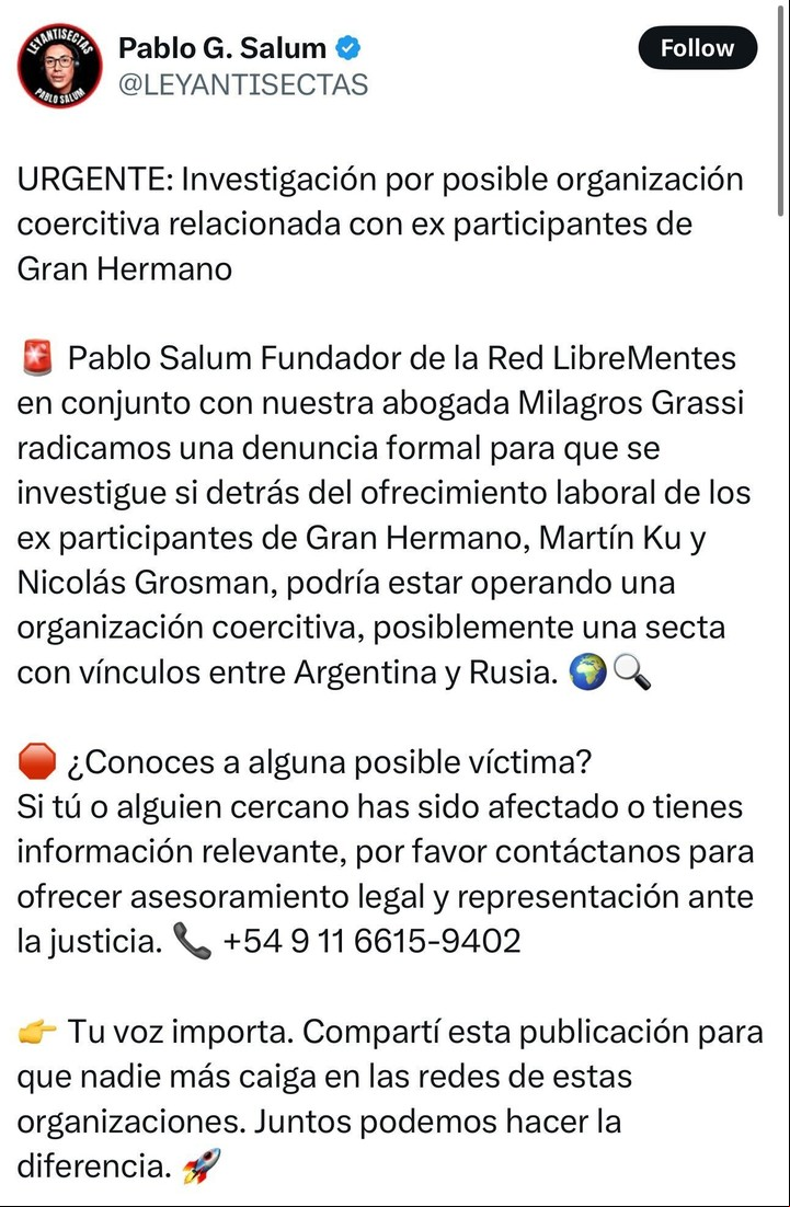 El tweet inicial de Pablo Salum. Foto: Captura X