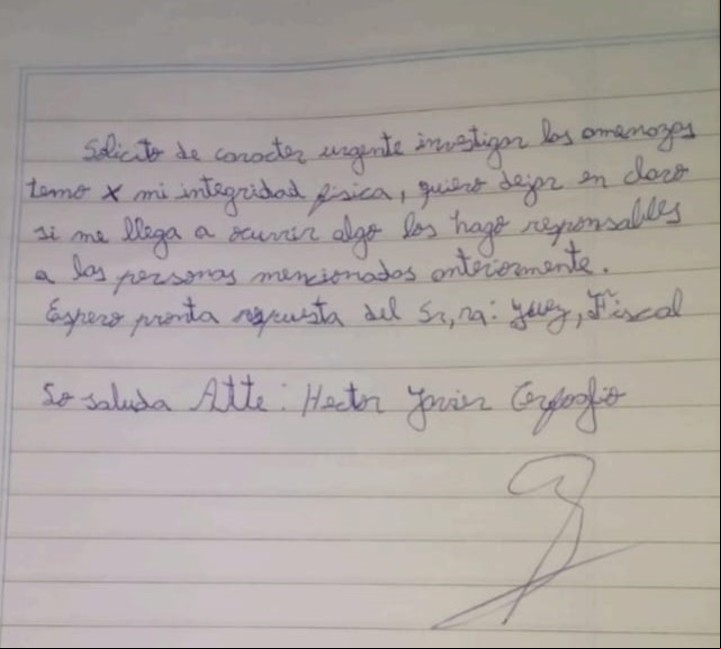 La última carta de puño y letra que hizo llegar Javier Cerfoglio desde el penal de Batán.