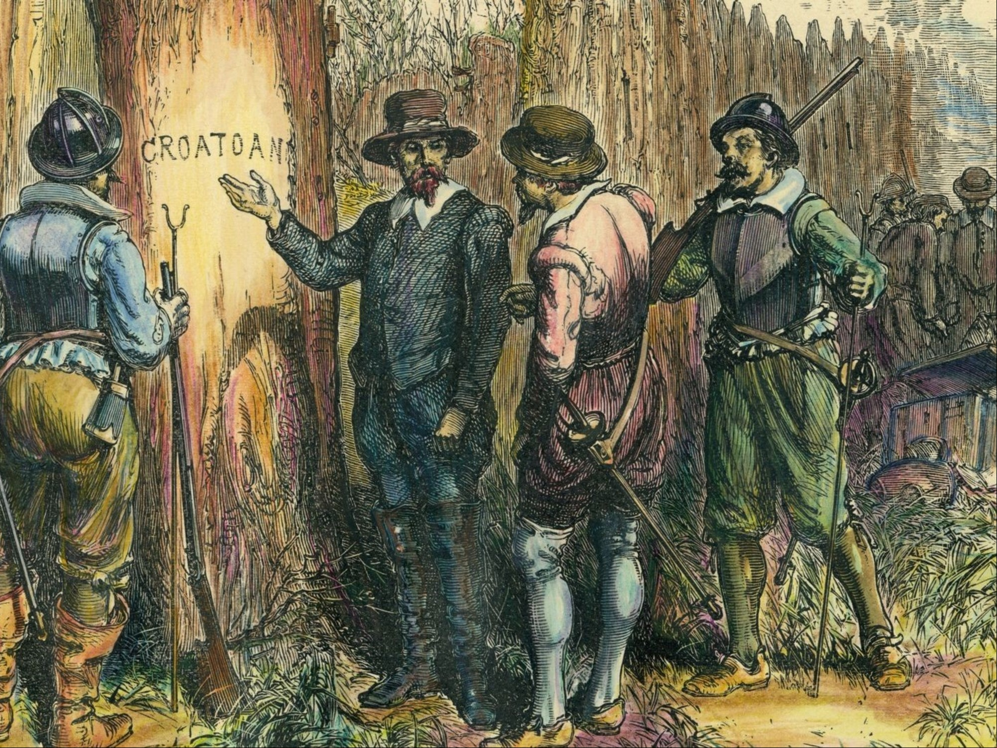Los colonos desaparecieron dejando nada más que dos pistas: un poste con la palabra Croatoan tallada y otra talla en un árbol.