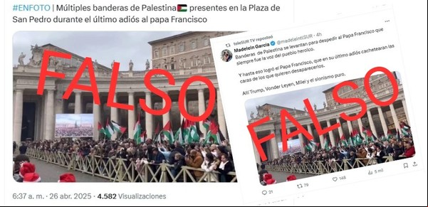 Insólito: la señal chavista TeleSUR publicó una vieja foto con banderas de Palestina en el Vaticano diciendo que eran del funeral del papa Francisco