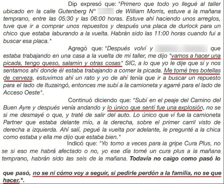 La declaración del mecánico Carlos Andrés Dip en la causa por el "homicidio culposo" de Ariel Santillán en el Camino del Buen Ayre.