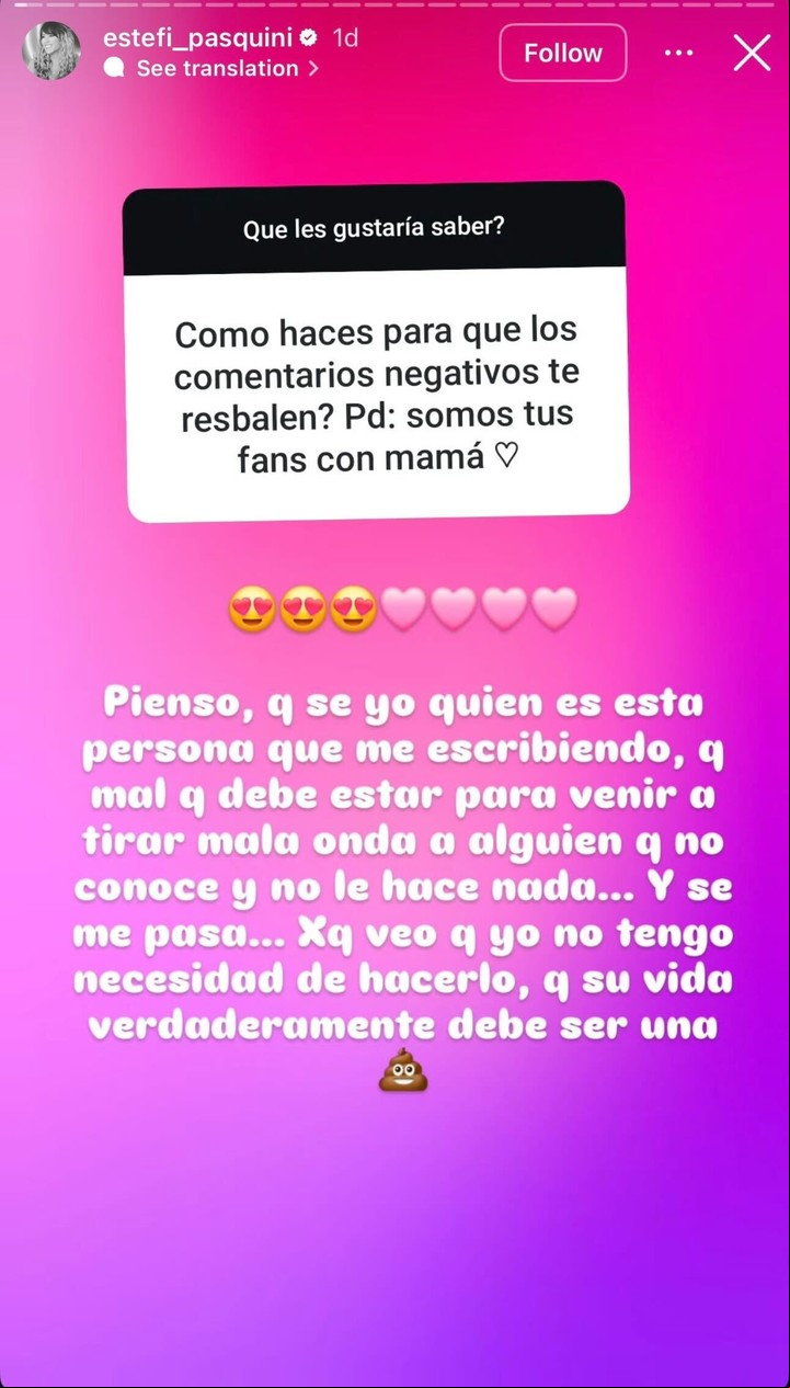 La respuesta de Pasquini a los haters. Foto: Instagram