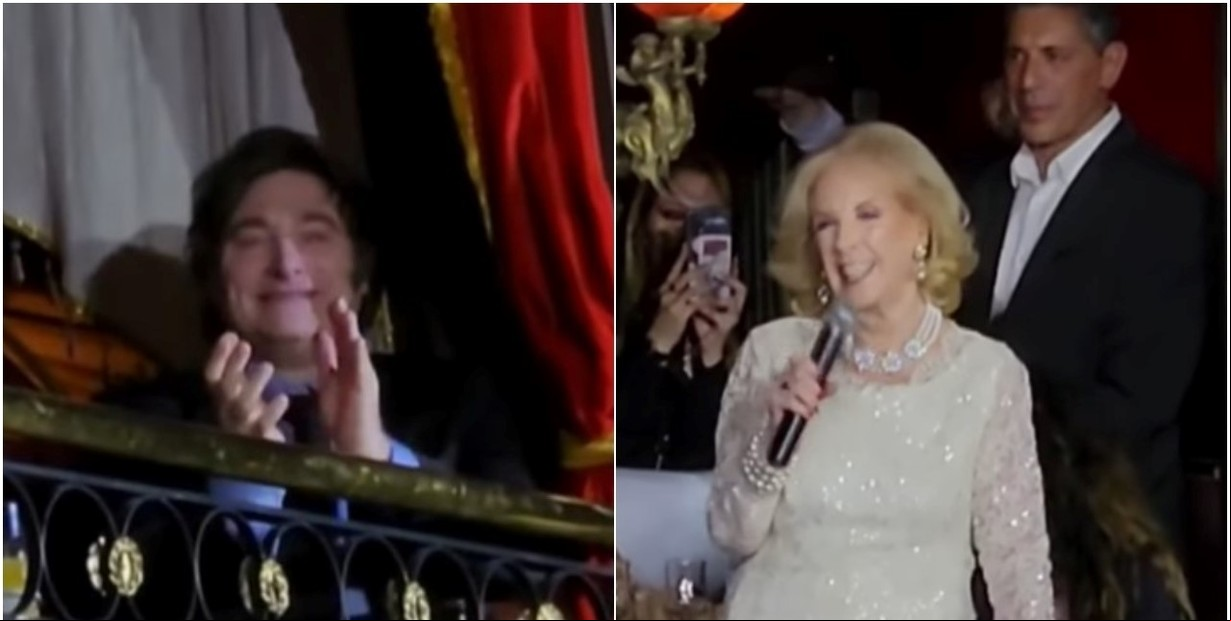 Javier Milei (lo acompañó Adorni) y Mirtha Legrand en el evento por los 50 años de carrera del diseñador Roberto Piazza.