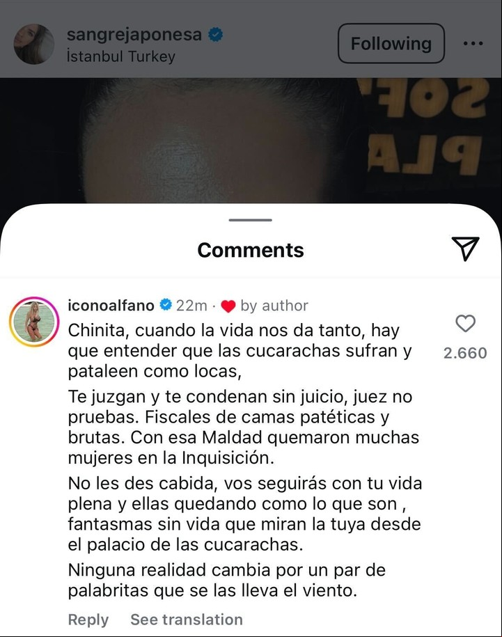 El comentario de Graciela Alfano en la publicación de La China. Foto: Instagram