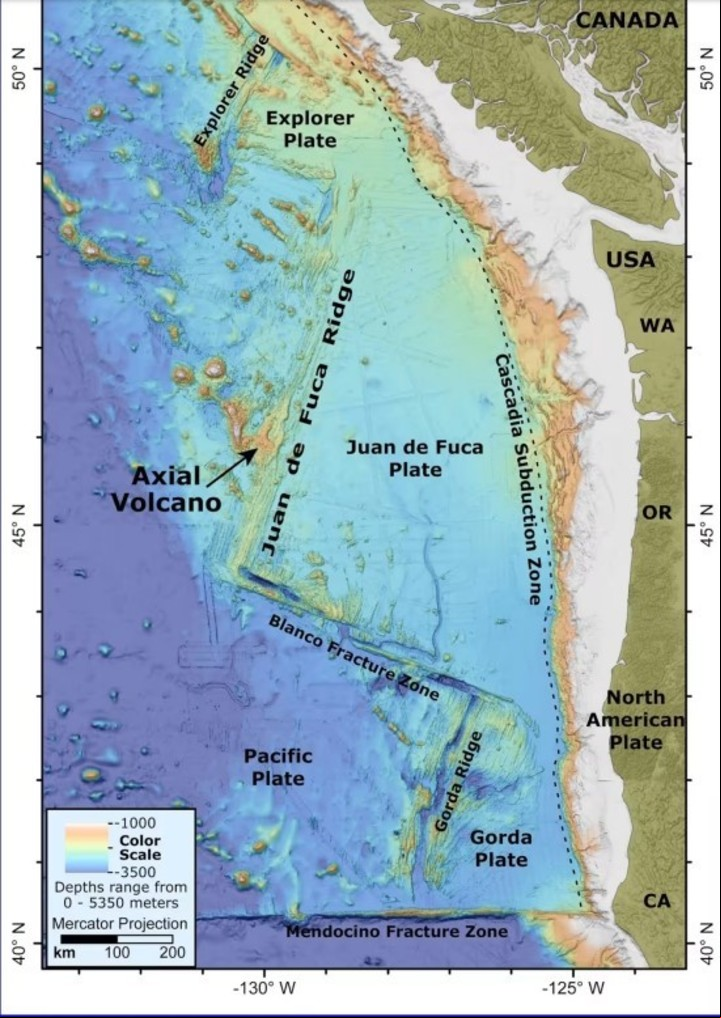 La ubicación del volcán submarino Axial (Susan Merle / Universidad Estatal de Oregón).