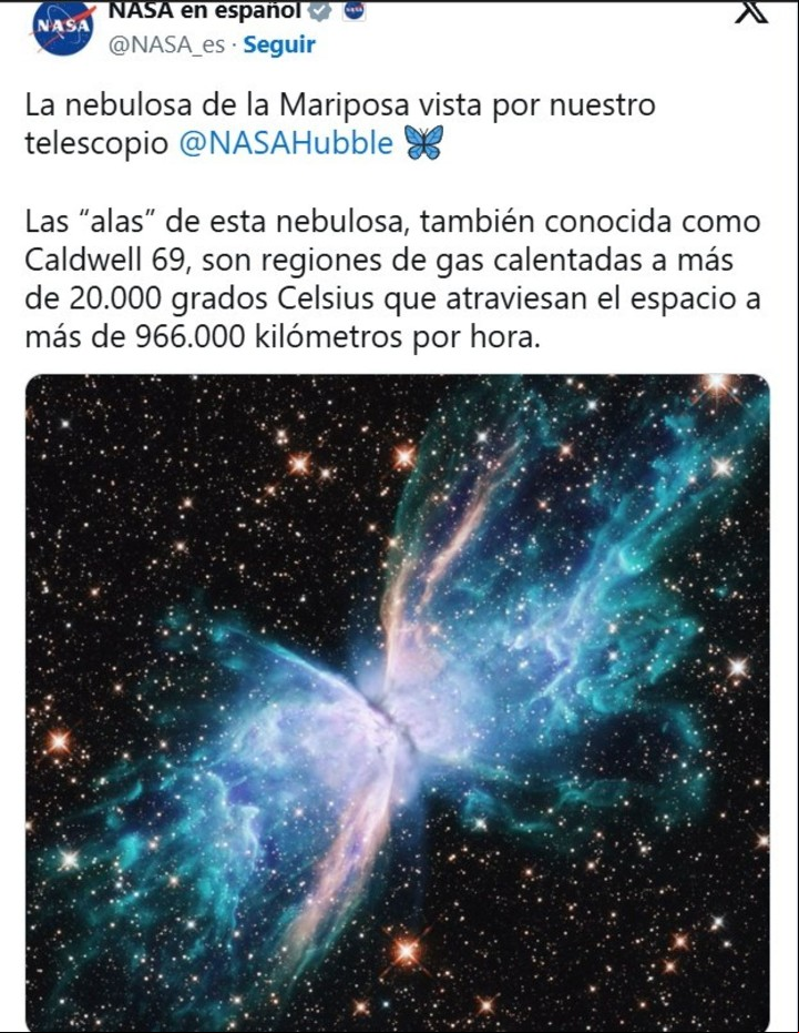 La NASA ha captado una nebulosa cuya forma recuerda a la de una mariposa en pleno vuelo (Twitter).