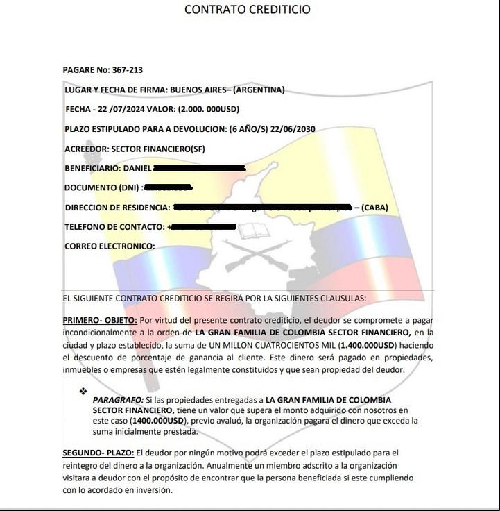 El contrato falso que le hicieron a Daniel para firmar el préstamo.