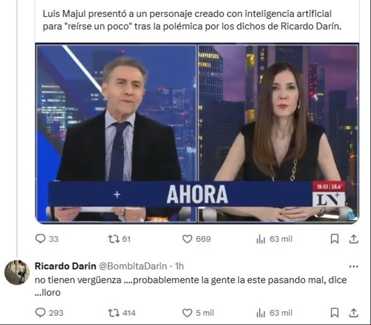 La respuesta de Ricardo Darín a los dichos de Luis Majul. En X.